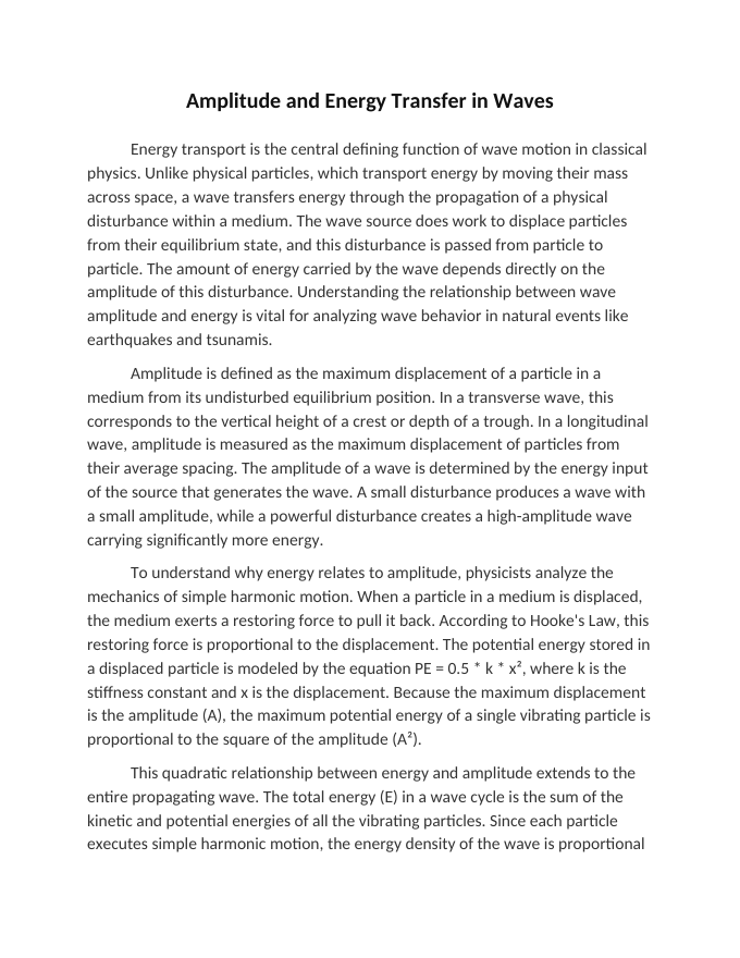 Amplitude and Energy Transfer in Waves Reading Worksheet sample page