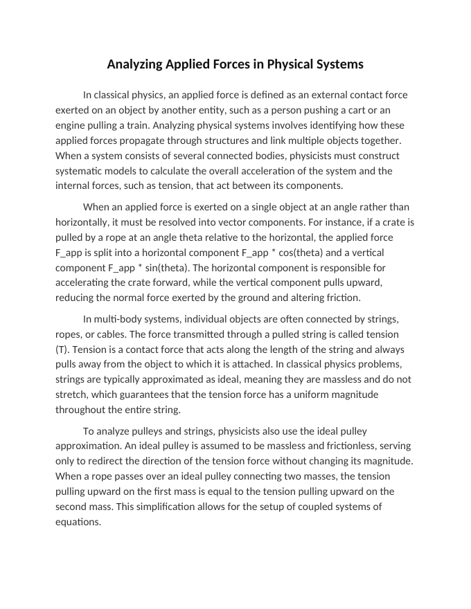 Analyzing Applied Forces in Physical Systems Reading Worksheet sample page