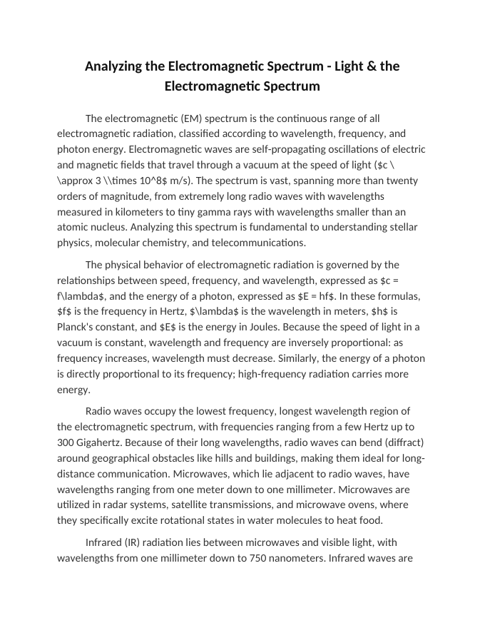 Analyzing the Electromagnetic Spectrum Reading Worksheet sample page