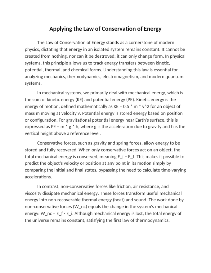 Applying the Law of Conservation of Energy Reading Worksheet sample page