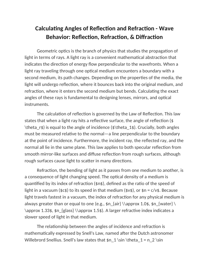 Calculating Angles of Reflection and Refraction Reading Worksheet sample page