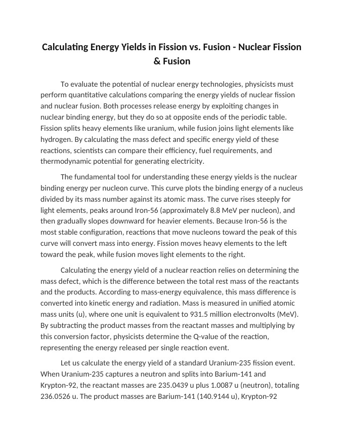 Calculating Energy Yields in Fission vs. Fusion Reading Worksheet sample page