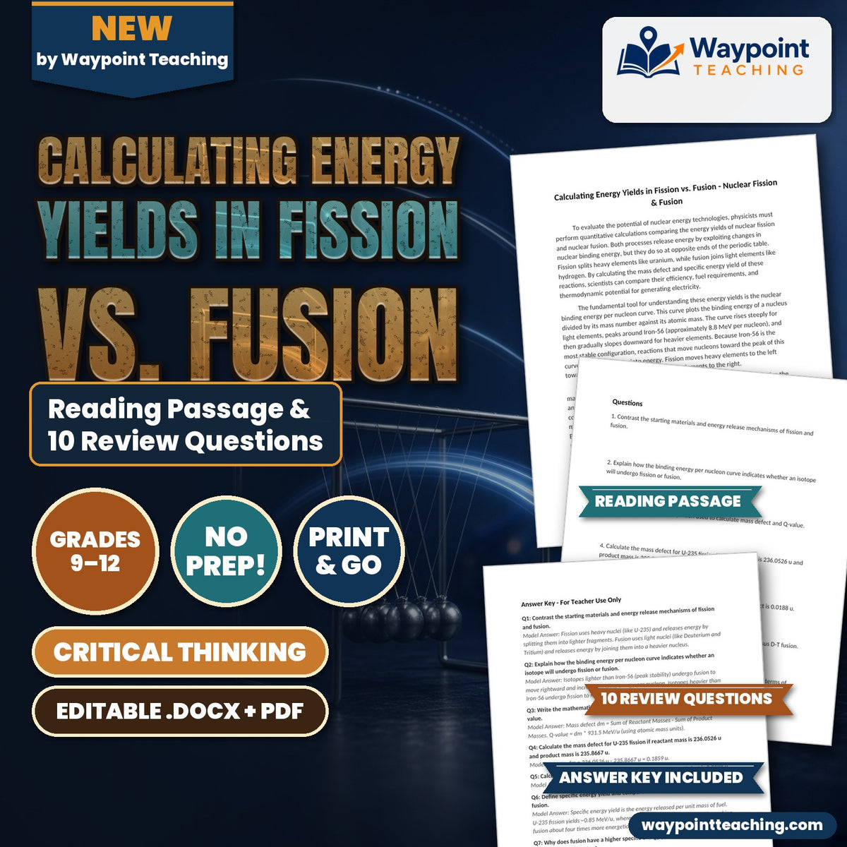 Calculating Energy Yields in Fission vs. Fusion Reading Worksheet cover