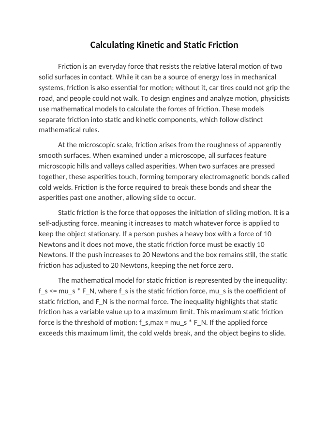 Calculating Kinetic and Static Friction Reading Worksheet sample page