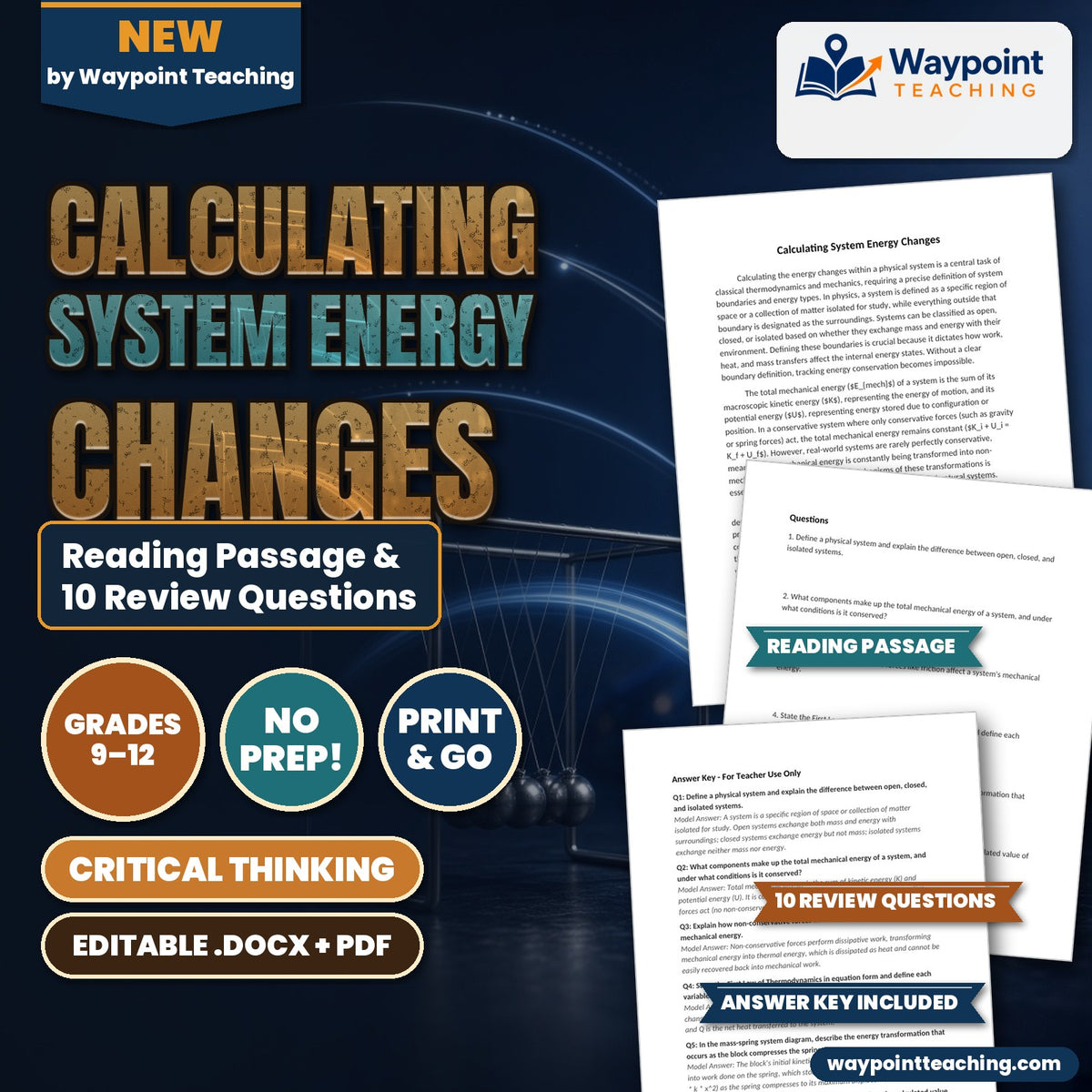 Calculating System Energy Changes Reading Worksheet cover