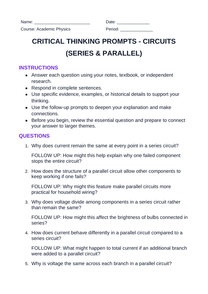 Circuits: Series & Parallel Critical Thinking Prompts sample page