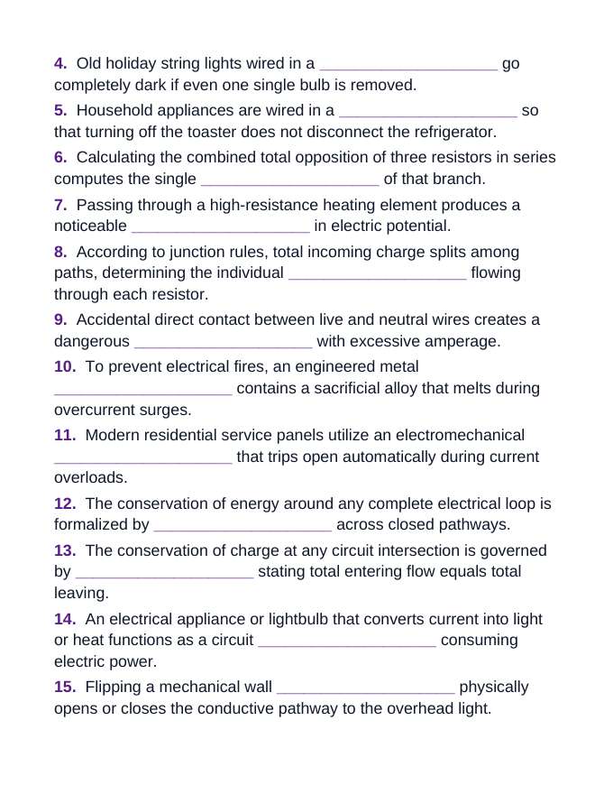 Circuits: Series & Parallel Fill-in-the-Blank Vocabulary Worksheet sample page