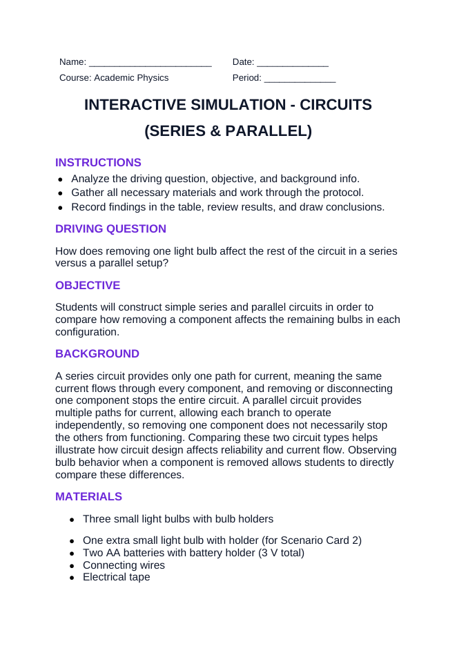 Circuits: Series & Parallel Interactive Simulation sample page