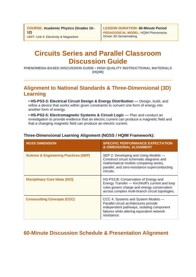 Circuits: Series & Parallel Phenomena-Based Lesson: Fault-Tolerant Household Parallel Wiring and the Persistent Supercurrents in Closed Superconducting Maglev Loops Teacher Discussion Guide sample page