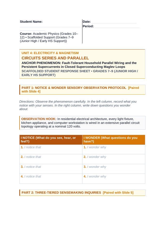 Circuits: Series & Parallel Scaffolded Phenomena-Based Lesson: Fault-Tolerant Household Parallel Wiring and the Persistent Supercurrents in Closed Superconducting Maglev Loops Student Response Sheet sample page