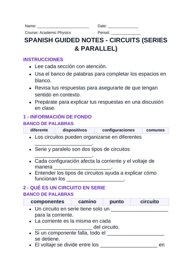Circuits: Series & Parallel Spanish Guided Notes sample page
