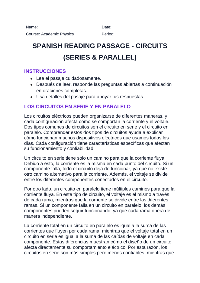 Circuits: Series & Parallel Spanish Reading Passage & Comprehension Questions sample page