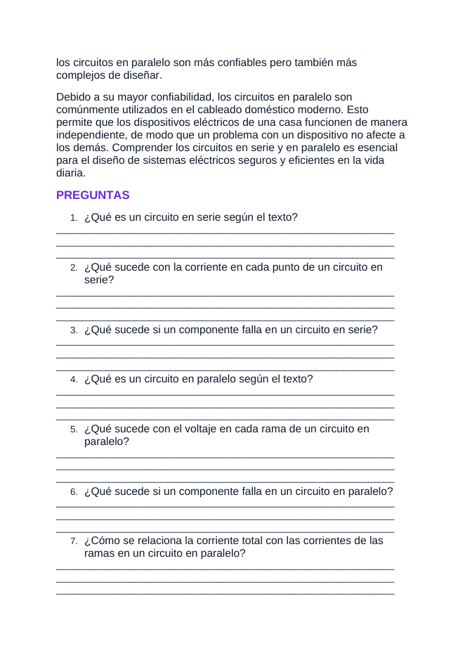 Circuits: Series & Parallel Spanish Reading Passage & Comprehension Questions sample page