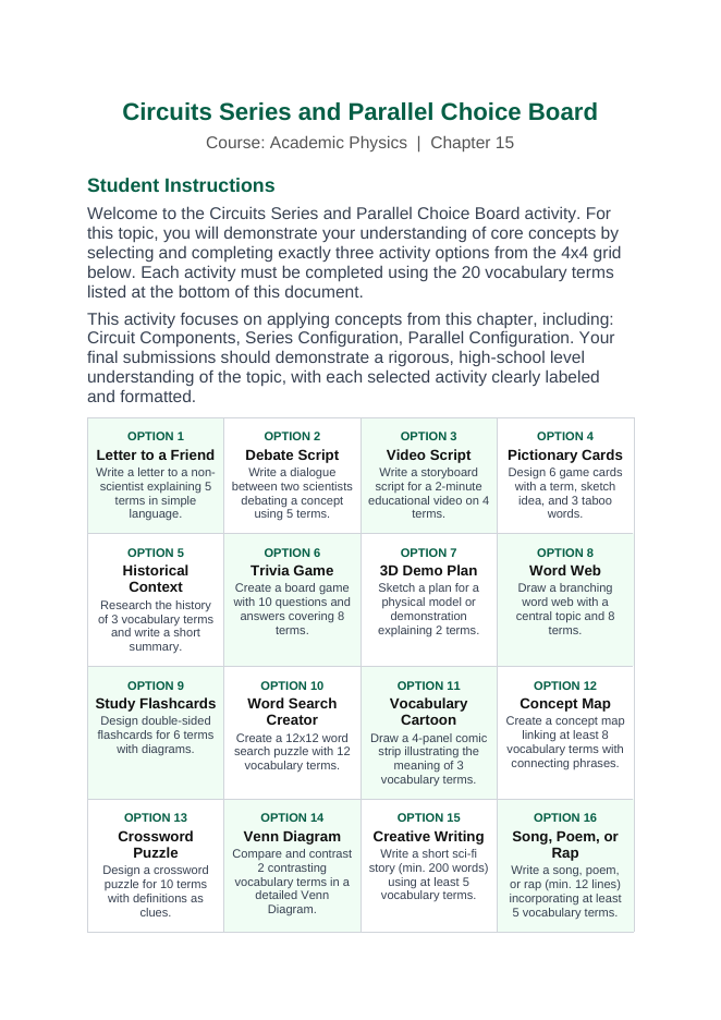 Circuits: Series & Parallel Vocabulary Choice Board sample page