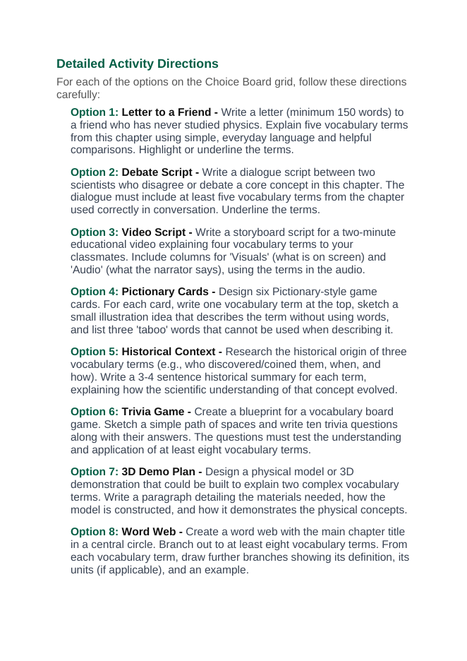 Circuits: Series & Parallel Vocabulary Choice Board sample page