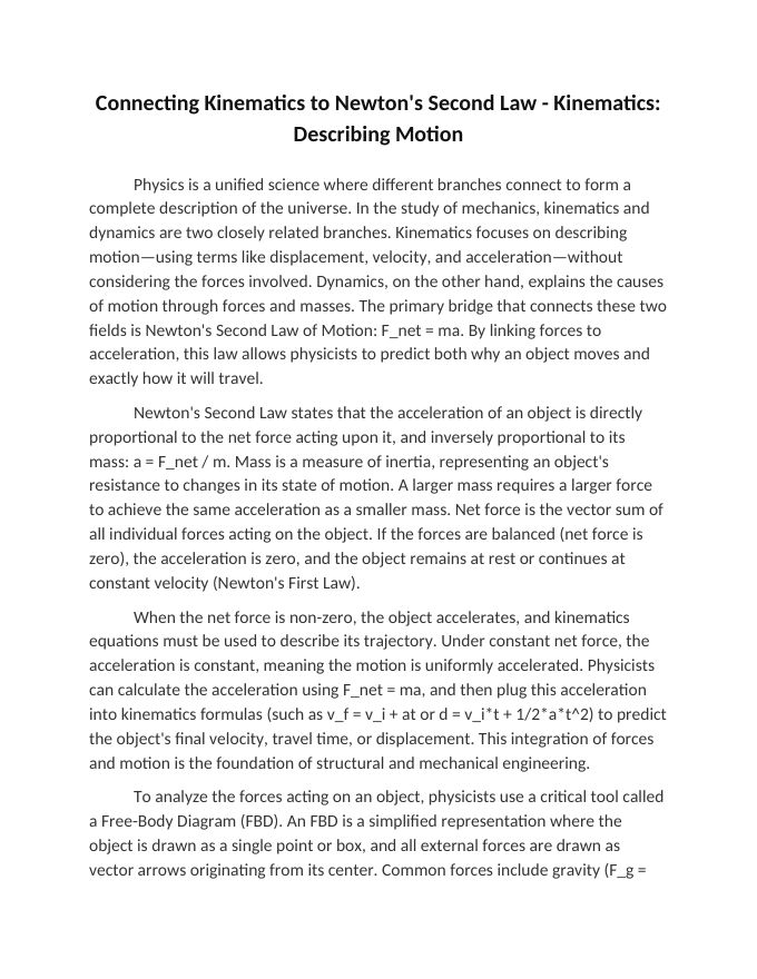 Connecting Kinematics to Newton's Second Law Reading Worksheet sample page