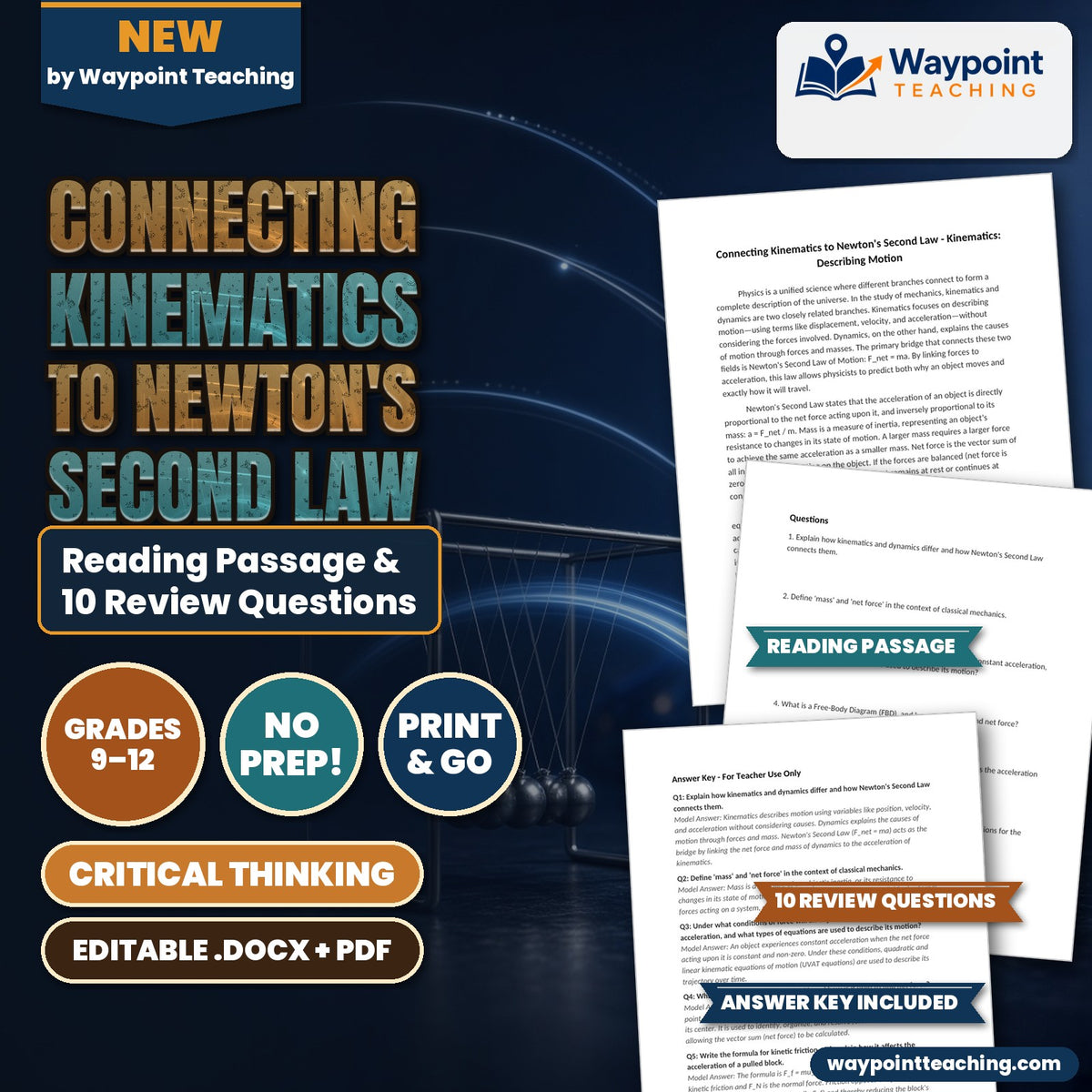 Connecting Kinematics to Newton's Second Law Reading Worksheet cover