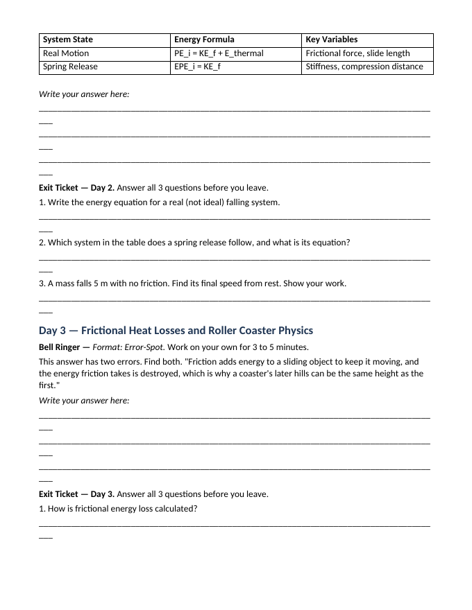 Conservation of Energy Bell Ringers & Exit Tickets sample page
