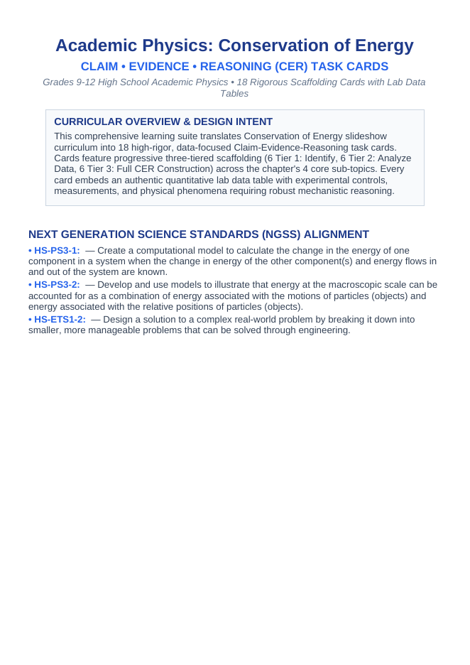 Conservation of Energy CER Task Cards sample page