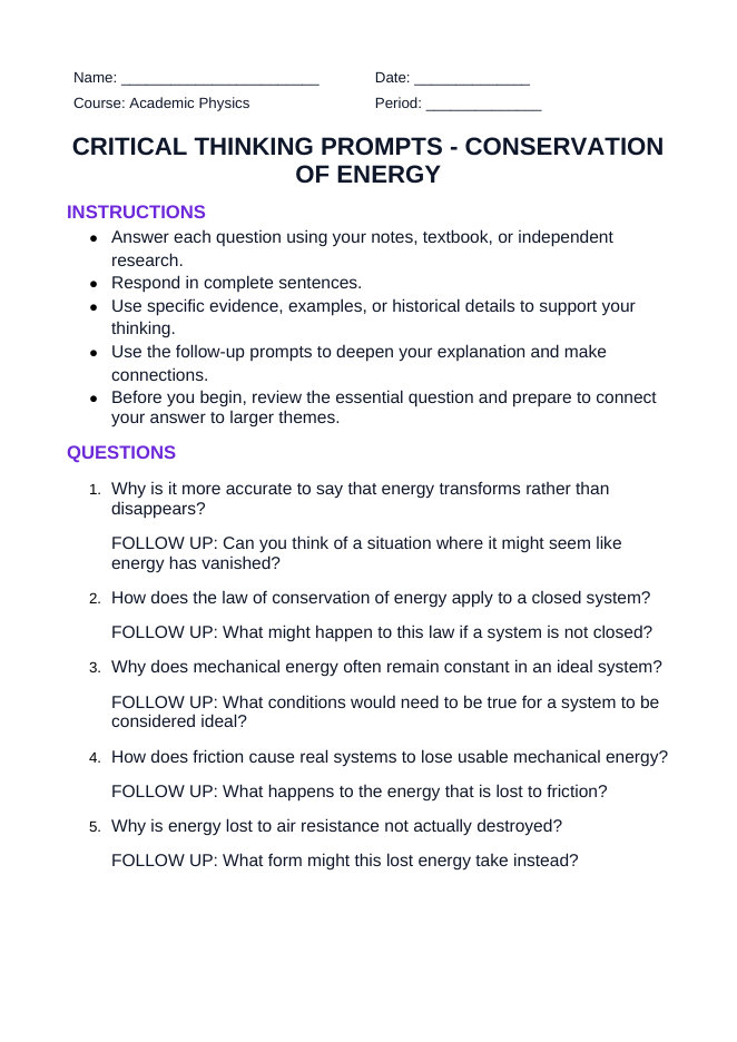 Conservation of Energy Critical Thinking Prompts sample page