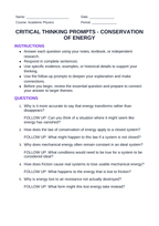 Conservation of Energy Critical Thinking Prompts sample page