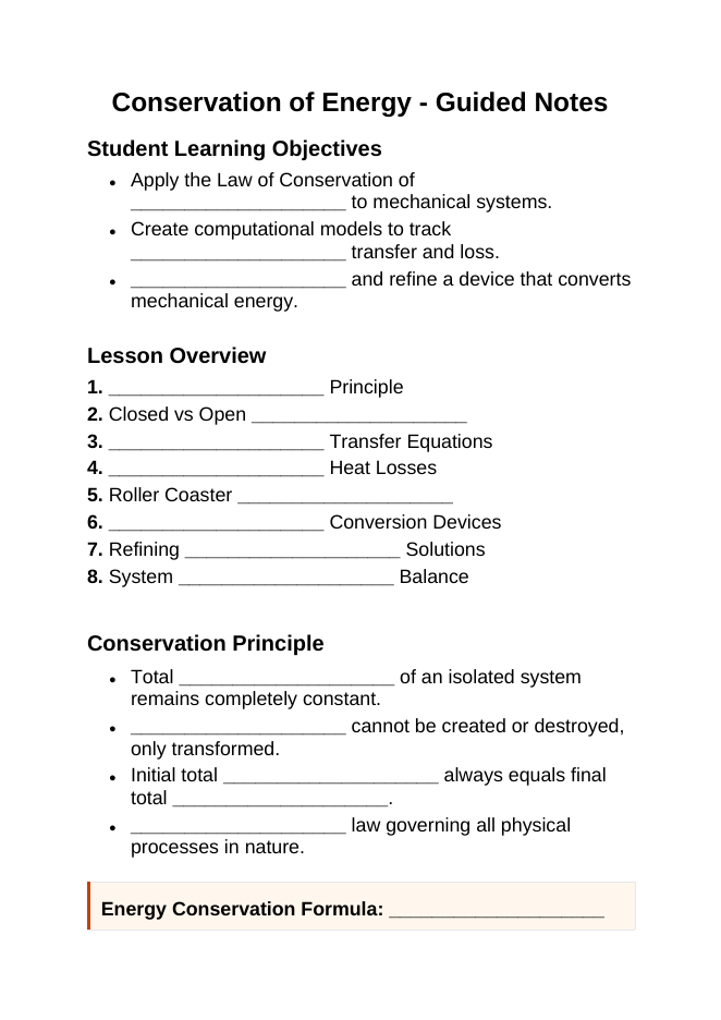 Conservation of Energy Guided Notes sample page