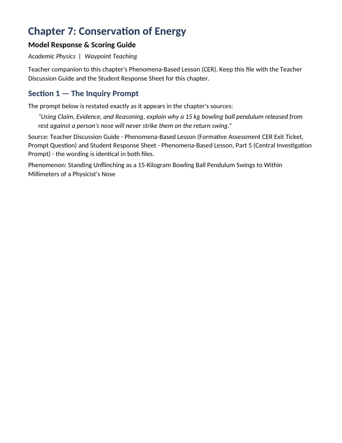 Conservation of Energy Model Response & Scoring Guide sample page