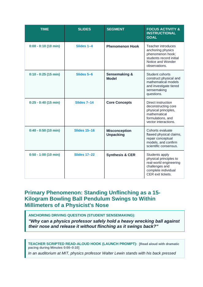 Conservation of Energy Phenomena-Based Lesson: Standing Unflinching as a 15-Kilogram Bowling Ball Pendulum Swings to Within Millimeters of a Physicist's Nose Teacher Discussion Guide sample page