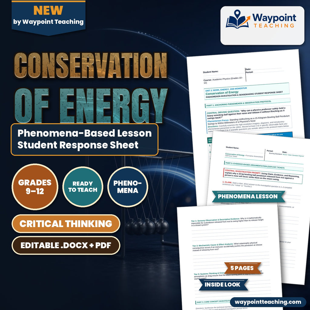Conservation of Energy Phenomena-Based Lesson: Standing Unflinching as a 15-Kilogram Bowling Ball Pendulum Swings to Within Millimeters of a Physicist's Nose Student Response Sheet cover