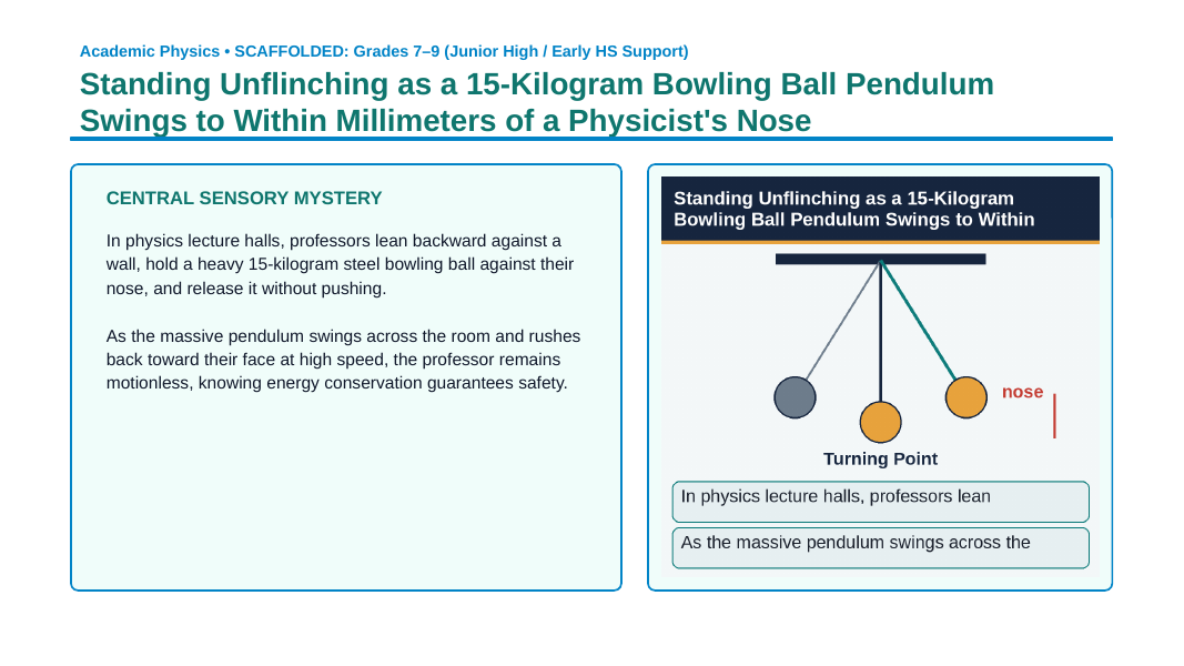 Conservation of Energy Scaffolded Phenomena-Based Lesson: Standing Unflinching as a 15-Kilogram Bowling Ball Pendulum Swings to Within Millimeters of a Physicist's Nose Presentation sample page