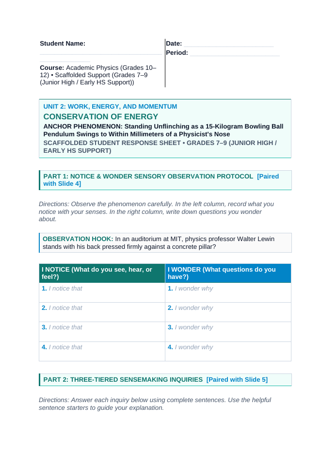 Conservation of Energy Scaffolded Phenomena-Based Lesson: Standing Unflinching as a 15-Kilogram Bowling Ball Pendulum Swings to Within Millimeters of a Physicist's Nose Student Response Sheet sample page