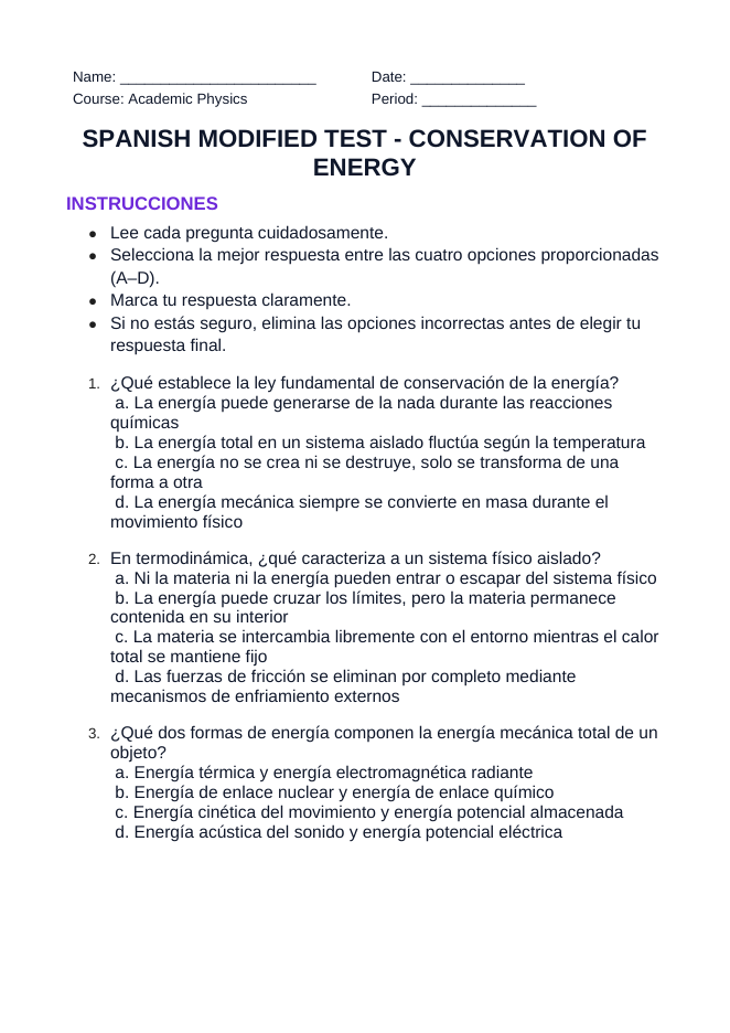 Conservation of Energy Spanish Unit Test sample page