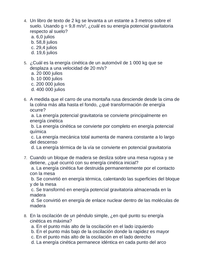 Conservation of Energy Spanish Unit Test sample page