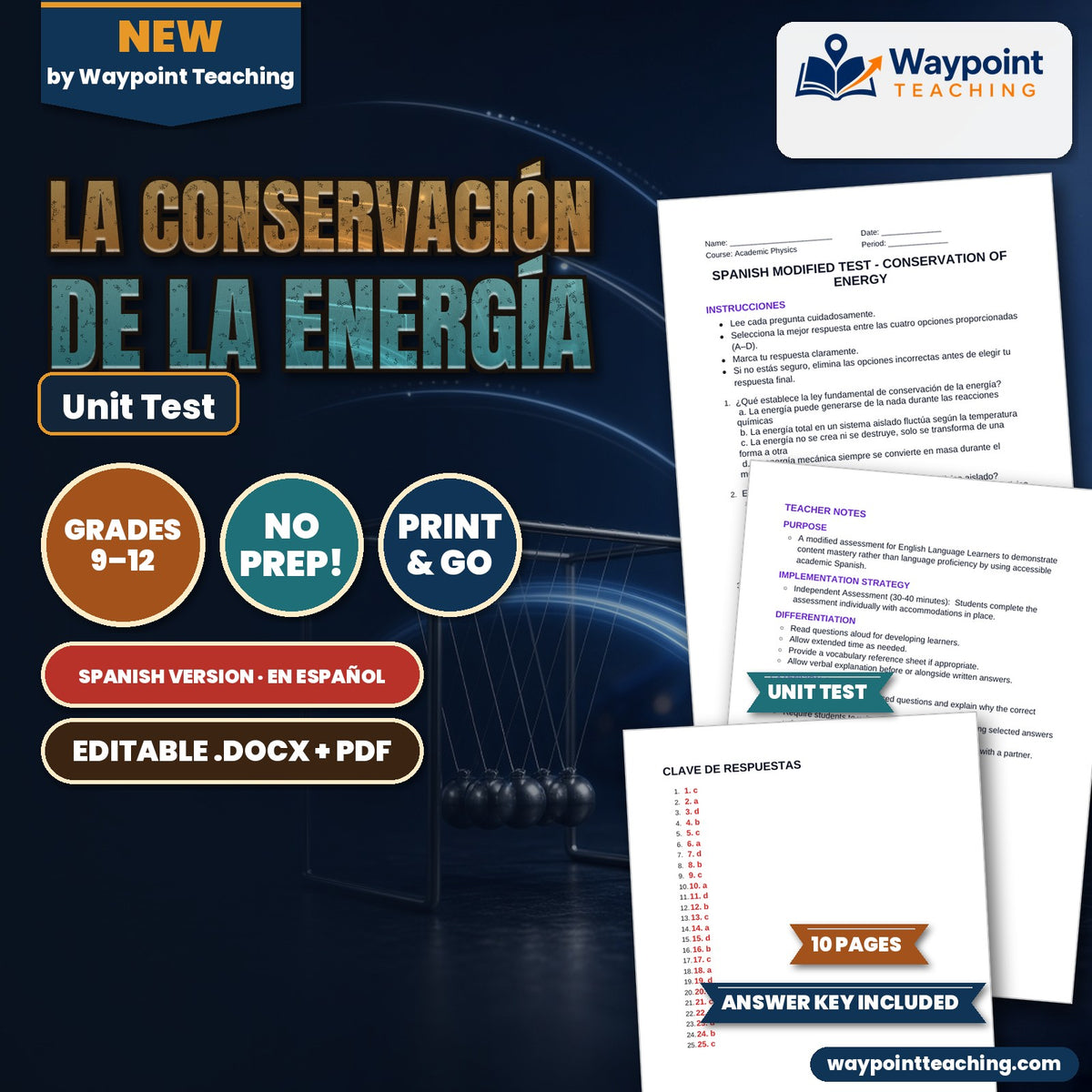 Conservation of Energy Spanish Unit Test cover
