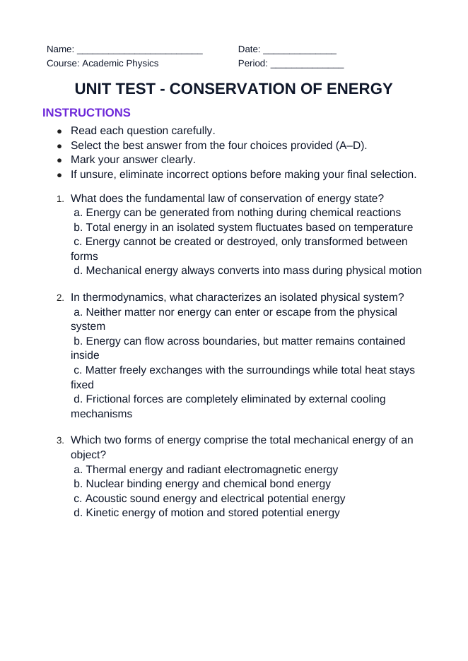 Conservation of Energy Unit Test sample page
