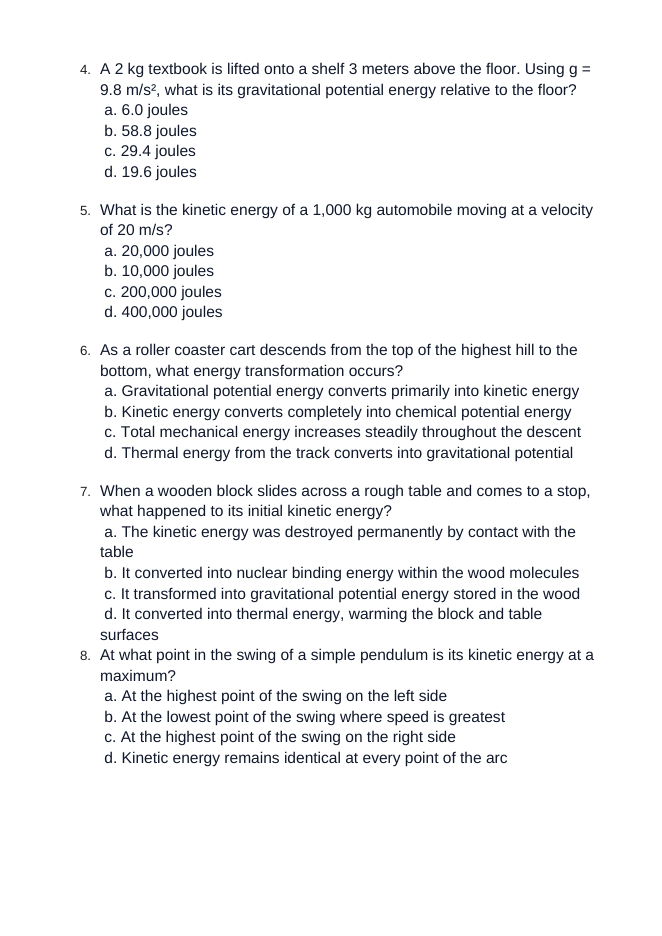 Conservation of Energy Unit Test sample page