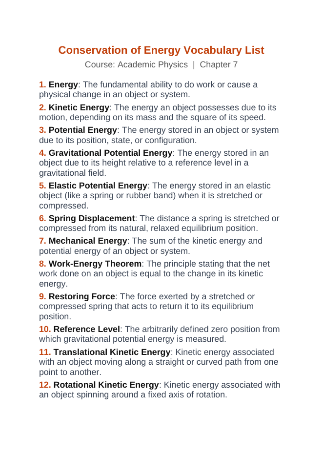 Conservation of Energy Vocabulary Words & Definitions sample page