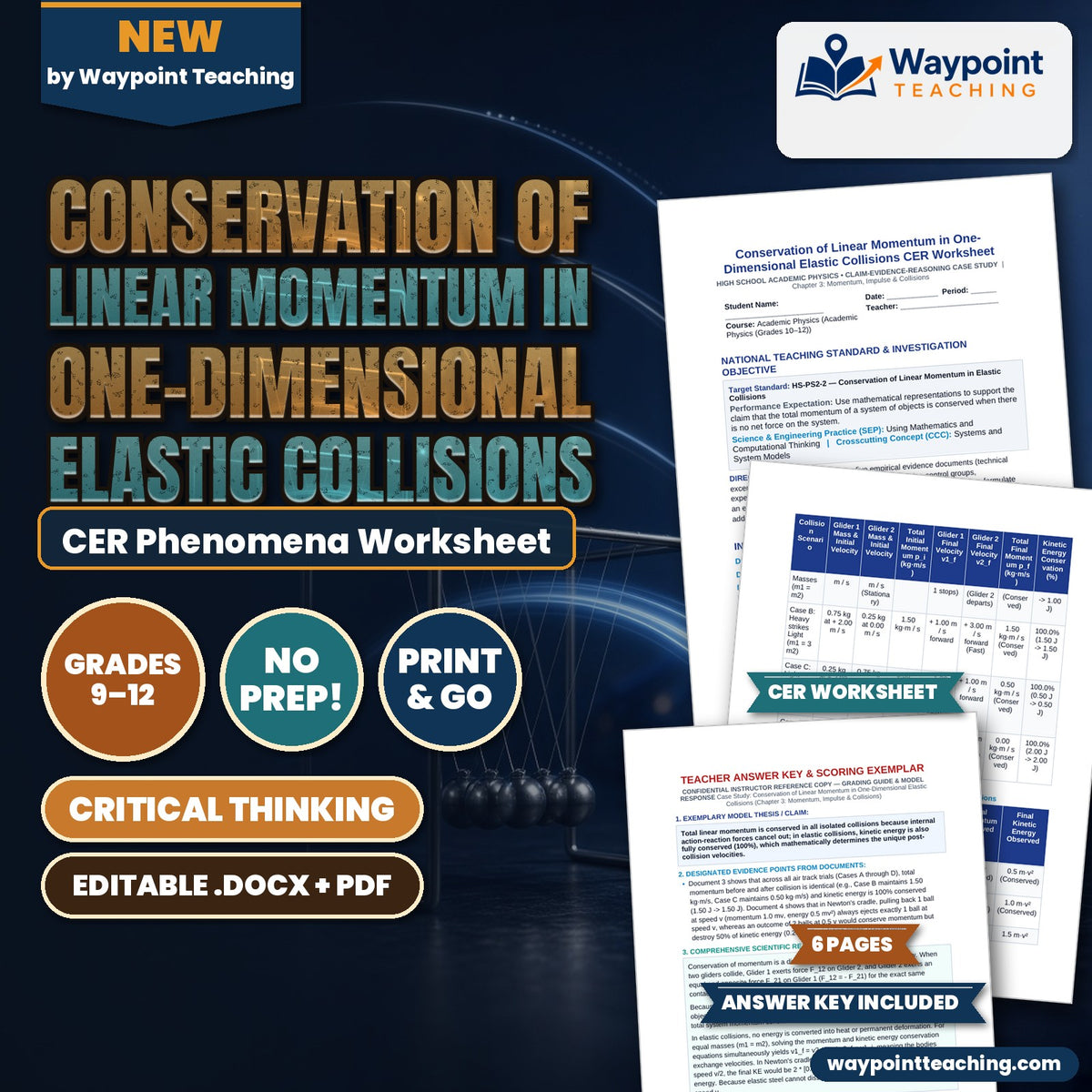Conservation of Linear Momentum in One-Dimensional Elastic Collisions CER Phenomena Worksheet cover