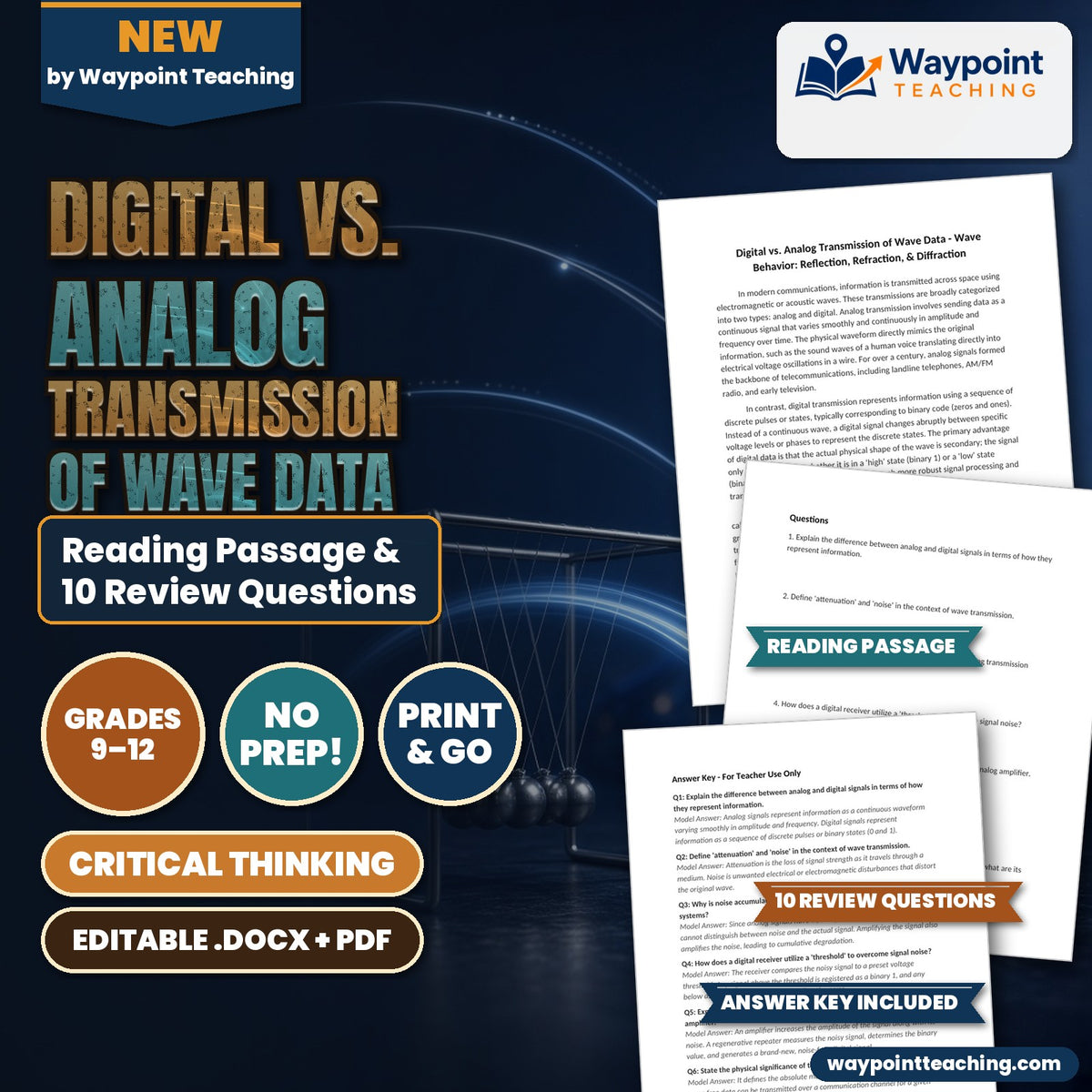 Digital vs. Analog Transmission of Wave Data Reading Worksheet cover