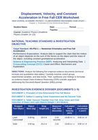 Displacement, Velocity, and Constant Acceleration in Free Fall CER Phenomena Worksheet sample page