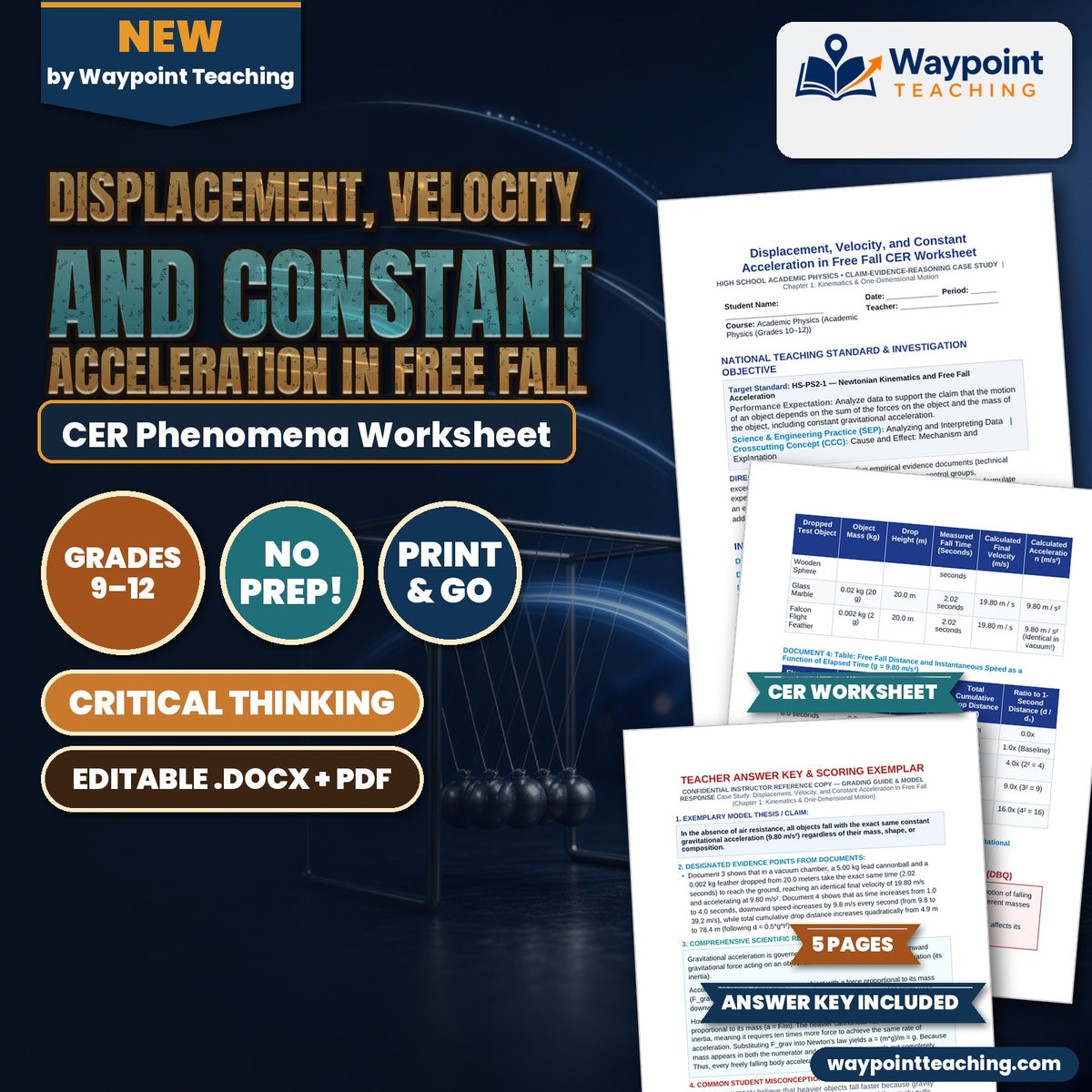 Displacement, Velocity, and Constant Acceleration in Free Fall CER Phenomena Worksheet cover