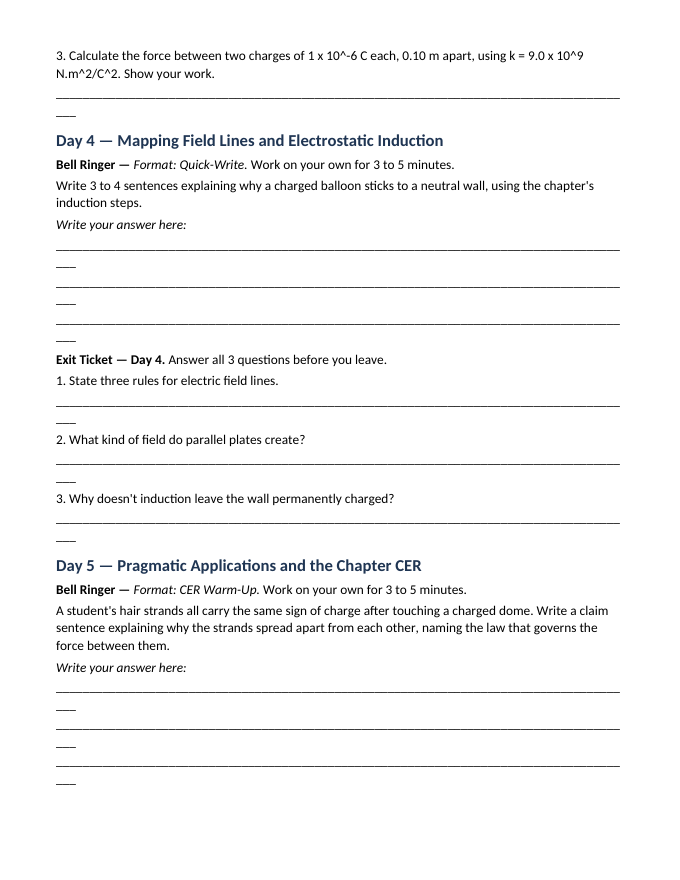 Electric Charge & Electric Fields Bell Ringers & Exit Tickets sample page