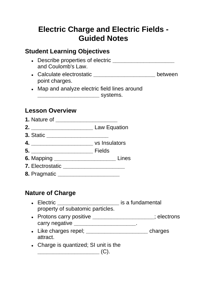 Electric Charge & Electric Fields Guided Notes sample page