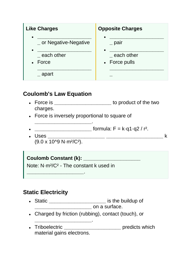 Electric Charge & Electric Fields Guided Notes sample page