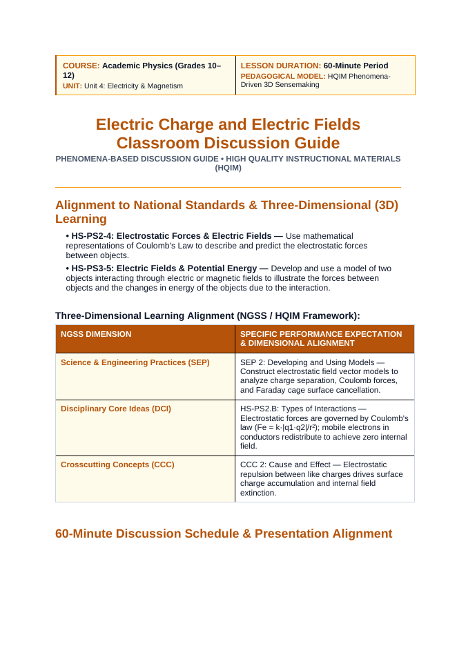 Electric Charge & Electric Fields Phenomena-Based Lesson: Electrostatic Hair-Standing Levitation on a Van de Graaff Generator and the Electrostatic Invariance Inside a Metallic Faraday Cage Teacher Discussion Guide sample page