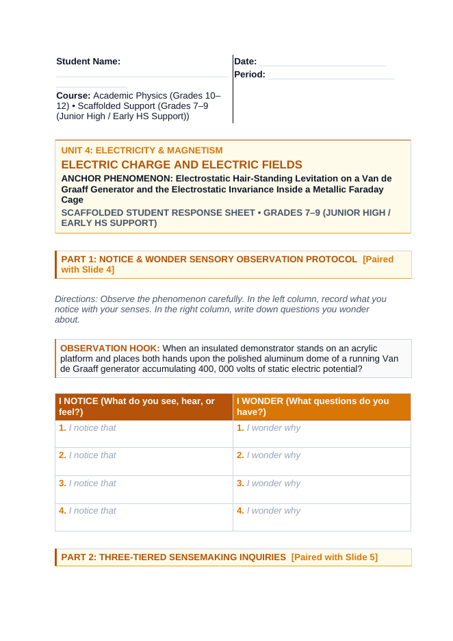 Electric Charge & Electric Fields Scaffolded Phenomena-Based Lesson: Electrostatic Hair-Standing Levitation on a Van de Graaff Generator and the Electrostatic Invariance Inside a Metallic Faraday Cage Student Response Sheet sample page