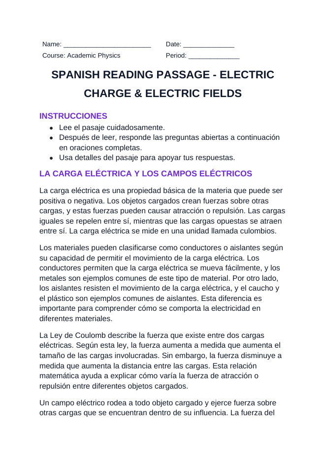 Electric Charge & Electric Fields Spanish Reading Passage & Comprehension Questions sample page