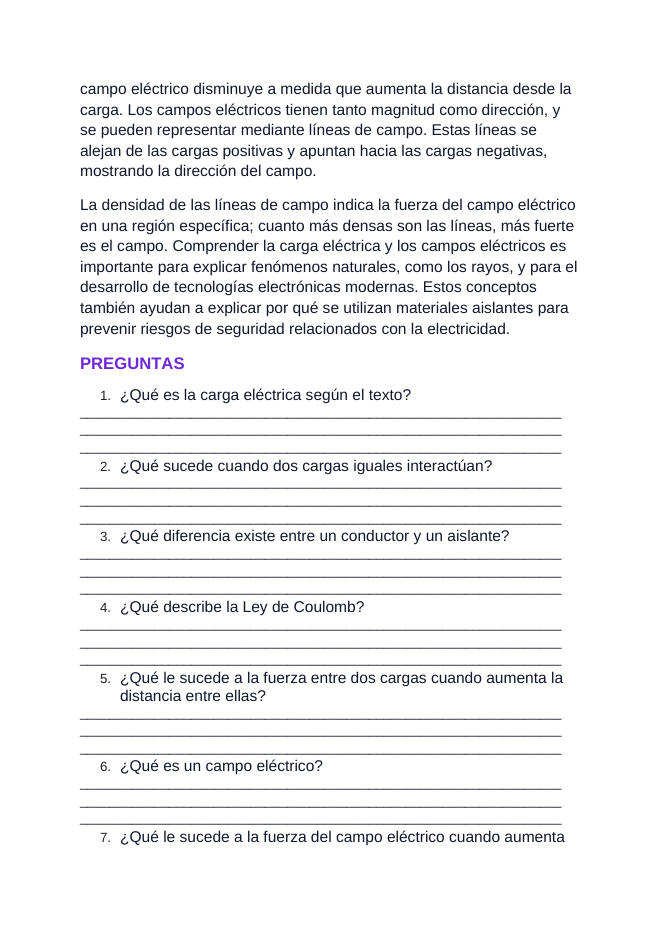 Electric Charge & Electric Fields Spanish Reading Passage & Comprehension Questions sample page