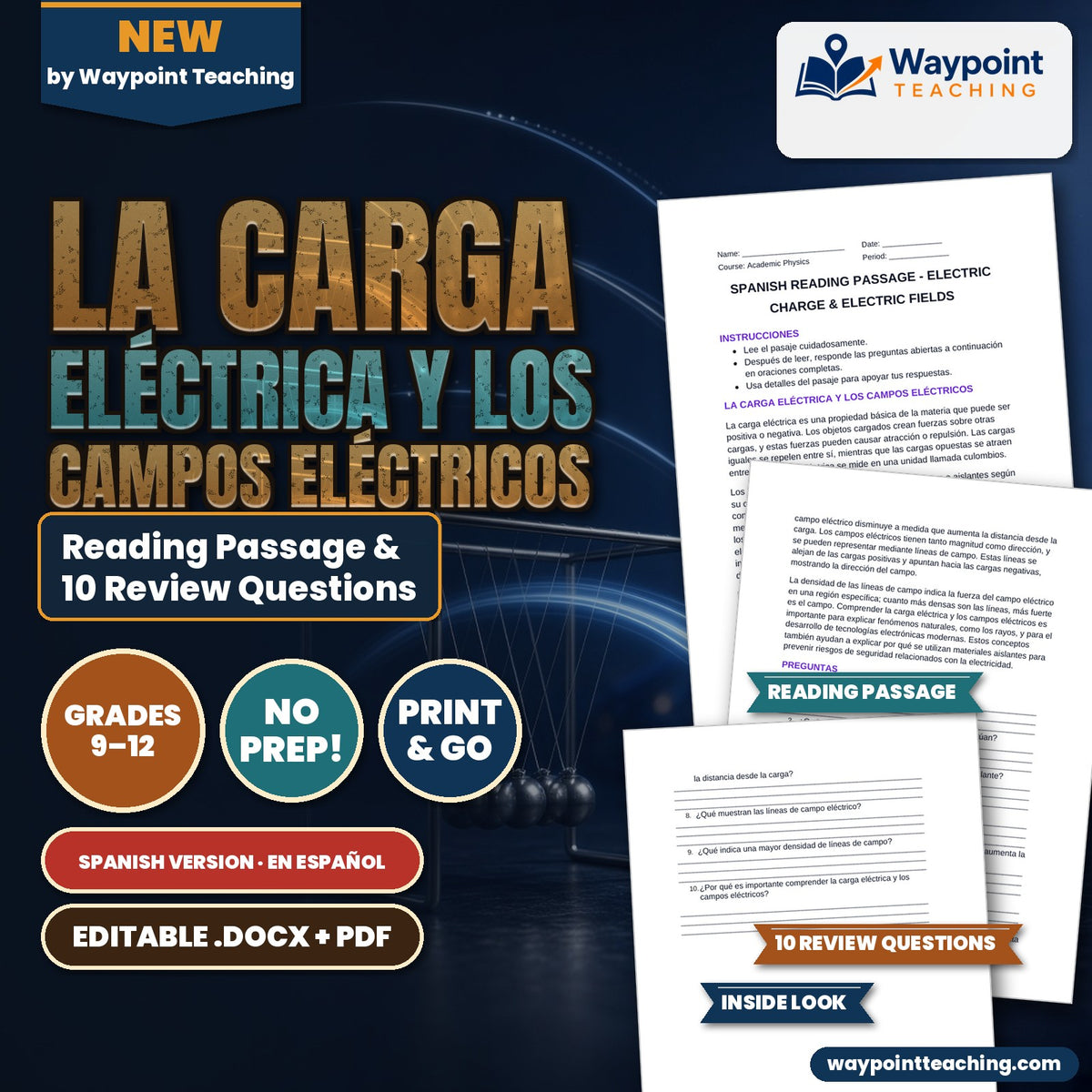 Electric Charge & Electric Fields Spanish Reading Passage & Comprehension Questions cover