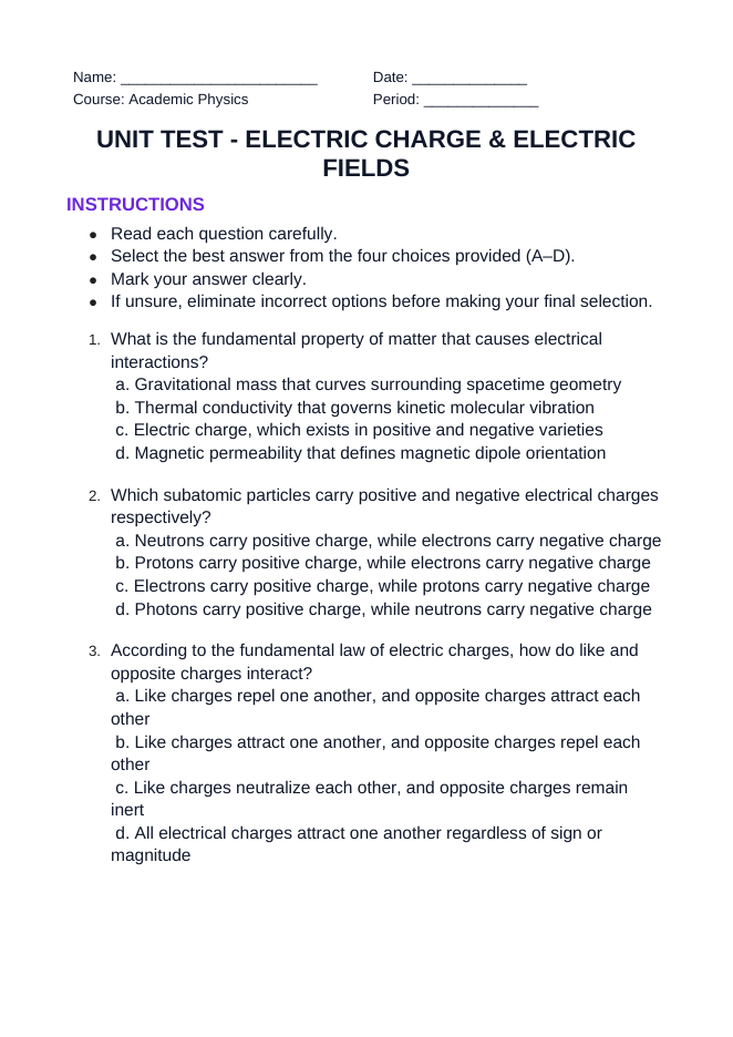 Electric Charge & Electric Fields Unit Test sample page